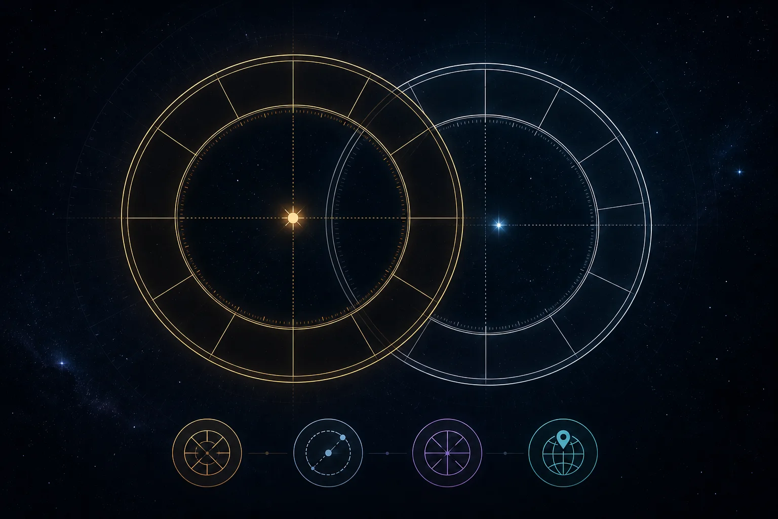 Two offset celestial coordinate wheels with four independent setting controls beneath them