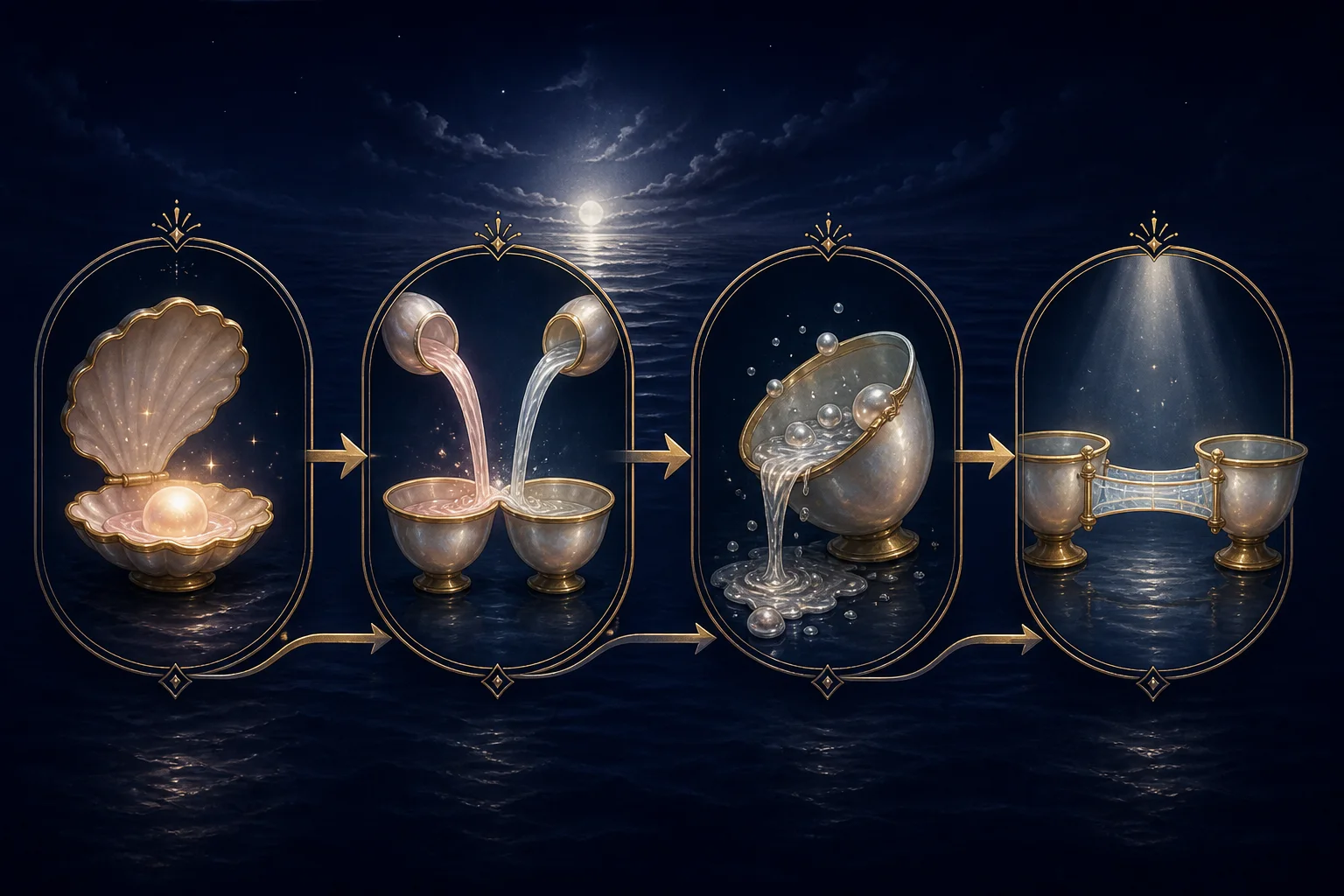 A four-stage visual map of Venus in Cancer moving from protected care to reciprocity, over-giving, and repaired mutual connection