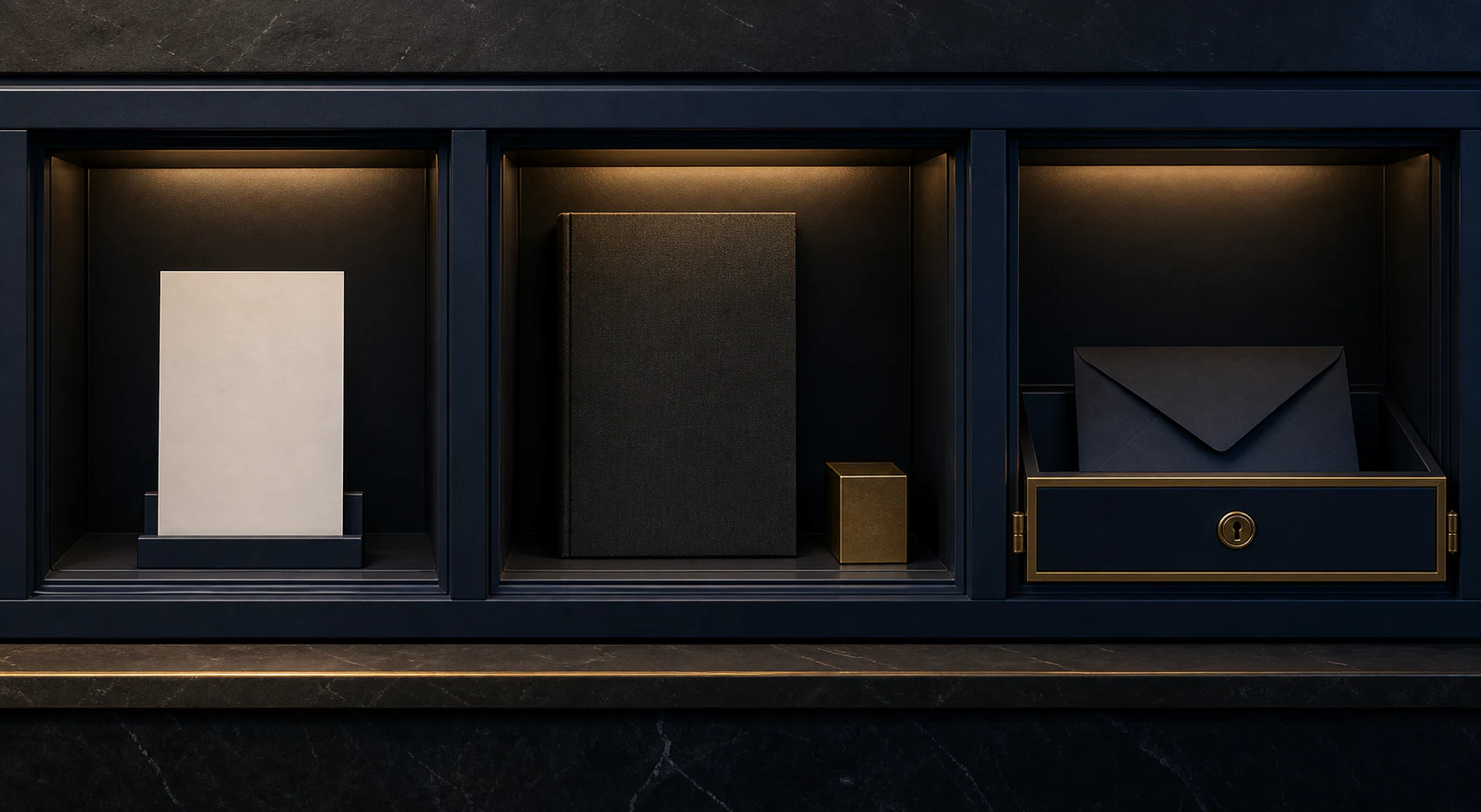Three sequential dark cabinet bays hold a blank seed card, evidence folio, and sealed terms envelope