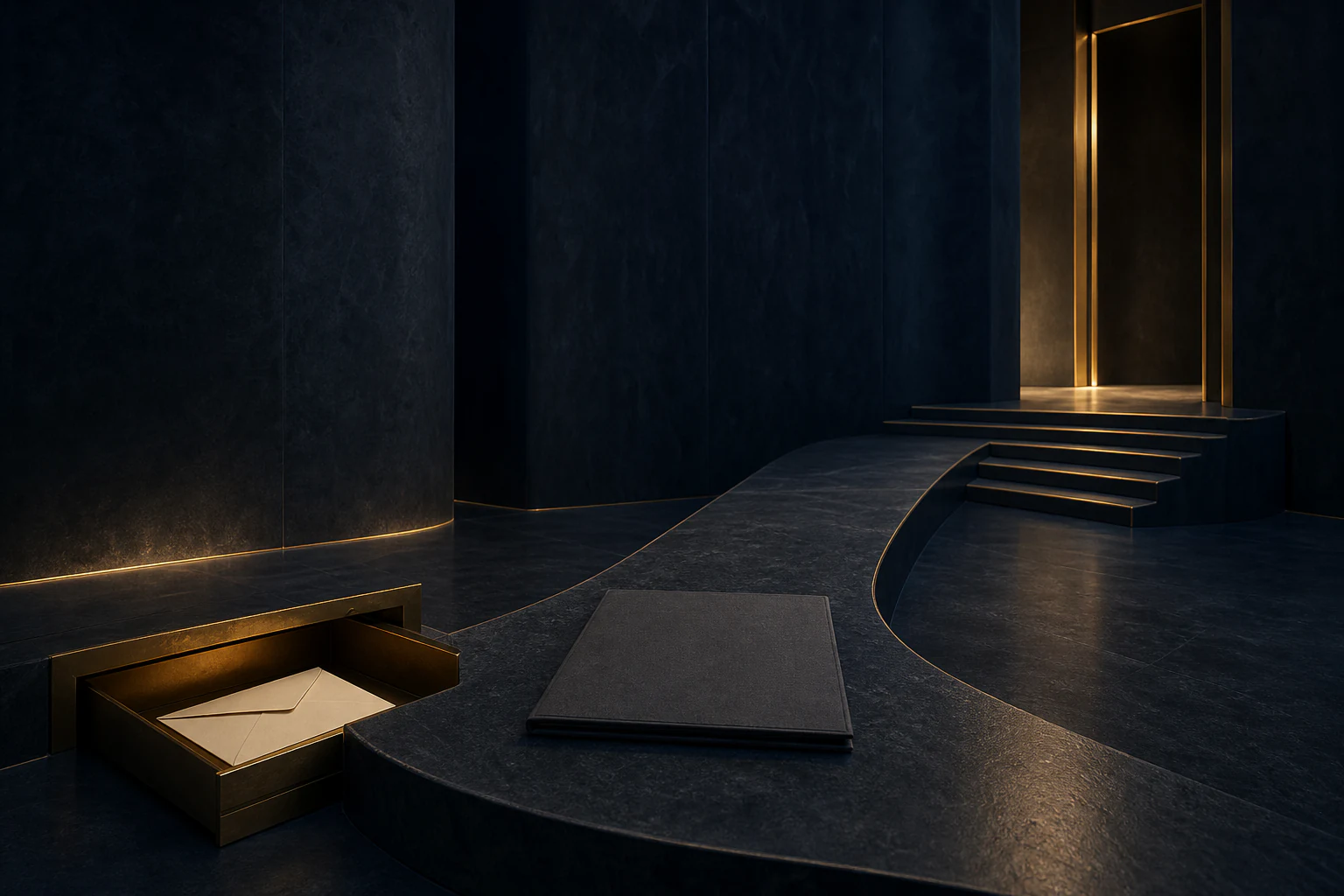 Blank offer folio rests at a fork between an open compensation drawer and an ascending authority doorway