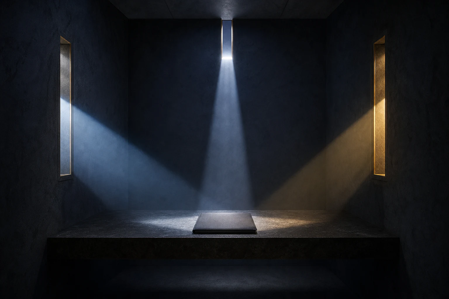 Three architectural light apertures converge on a blank offer folio in an empty indigo decision chamber