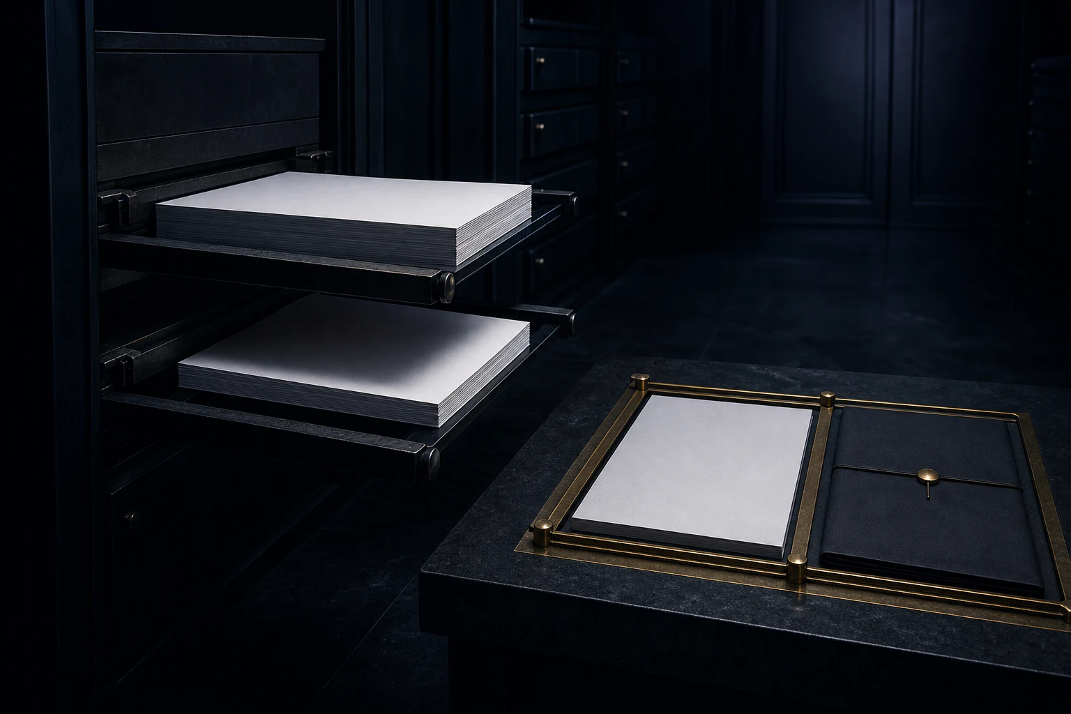 Two blank compensation packets caught on opposing review rails while one secured copy rests in a brass archive tray