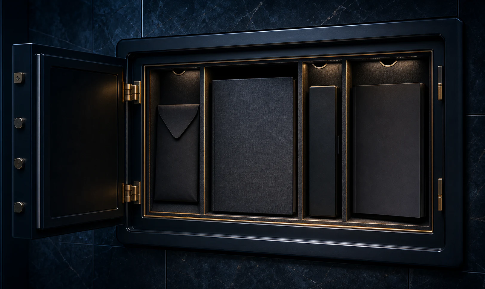 Open compensation vault separates a blank base-pay folio from bonus, equity, and benefits packets