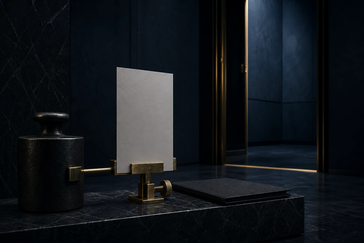 Blank compensation card held in a precision brass clamp beside a closed evidence folio at an empty negotiation threshold