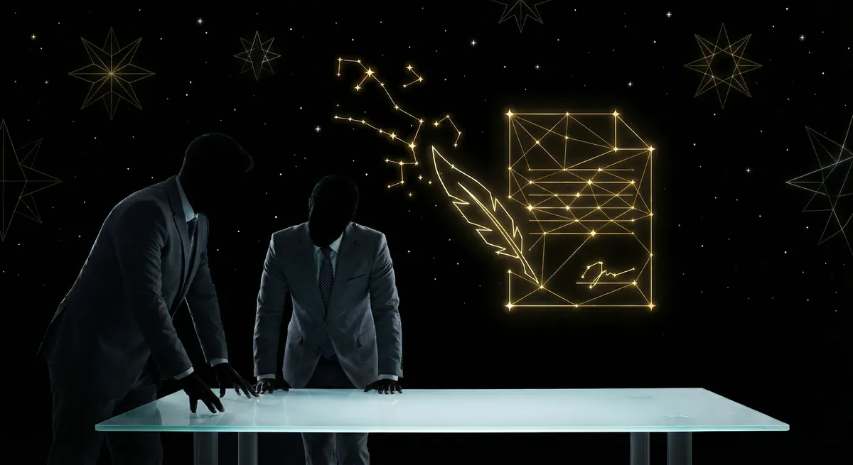 Astrological chart with contract documents and celestial symbols representing auspicious timing for signing agreements