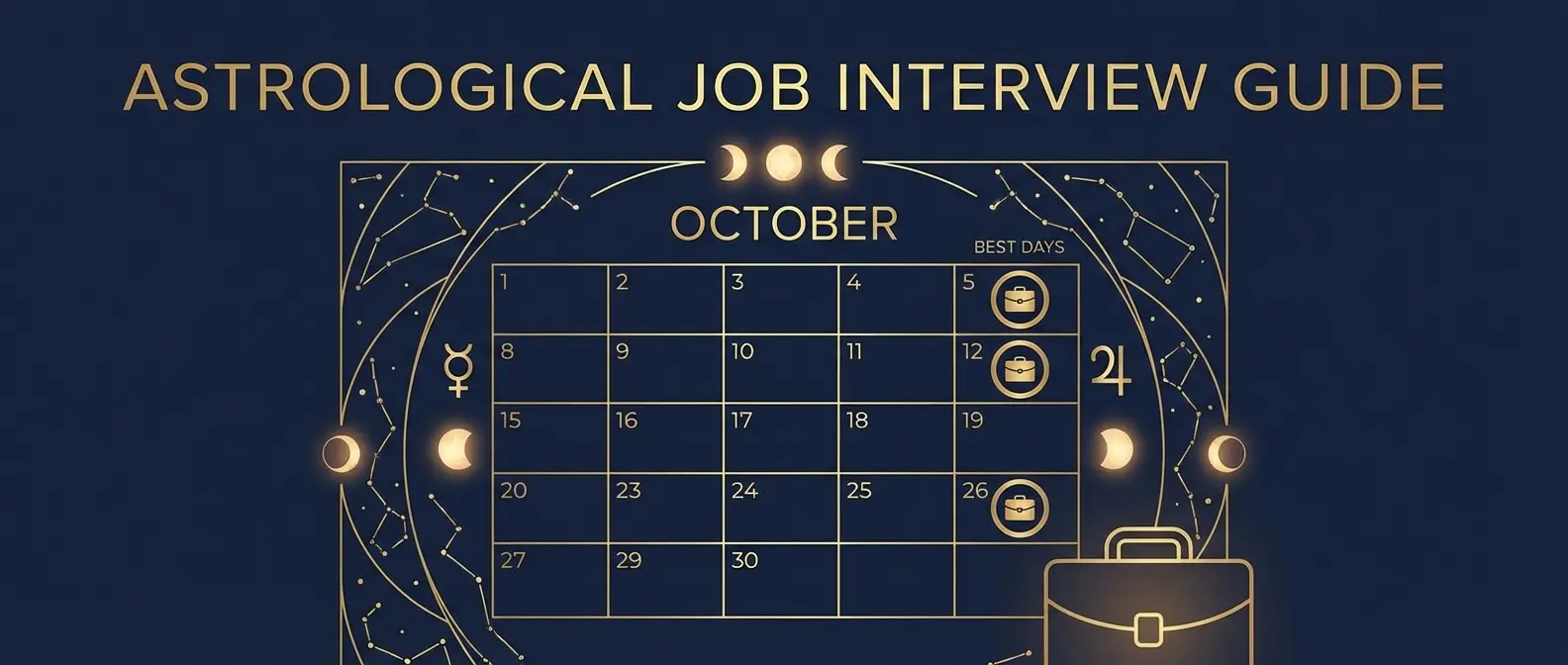 Astrological calendar showing best days for job interviews with planetary symbols