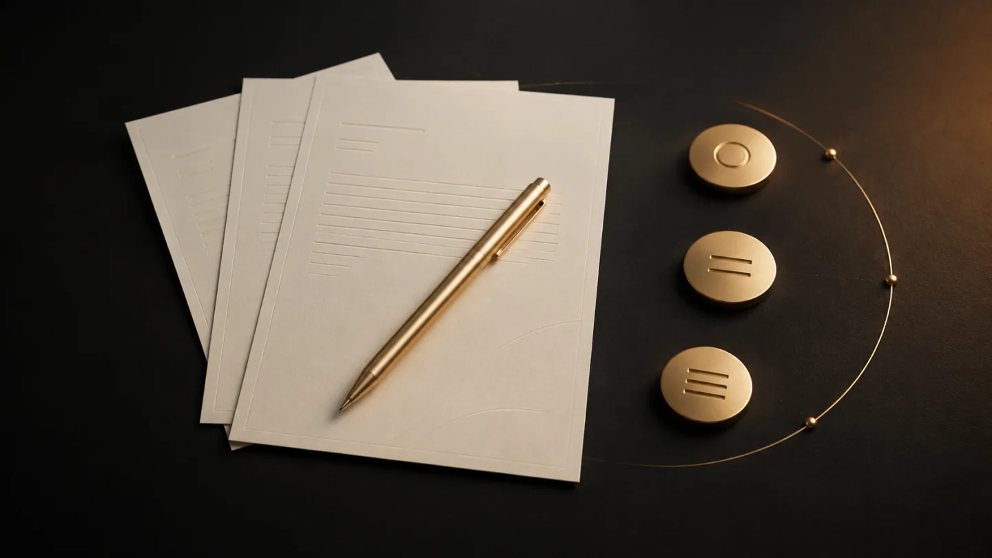 Layered ivory documents, a gold pen and separate milestone markers for business formation planning