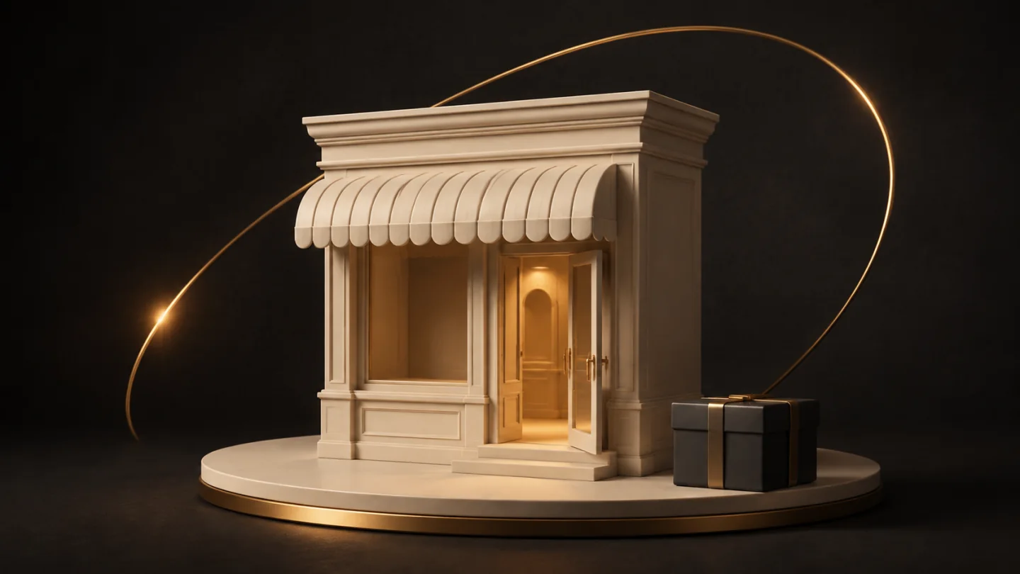 An ivory storefront model and a dark shipping parcel beneath a golden arc