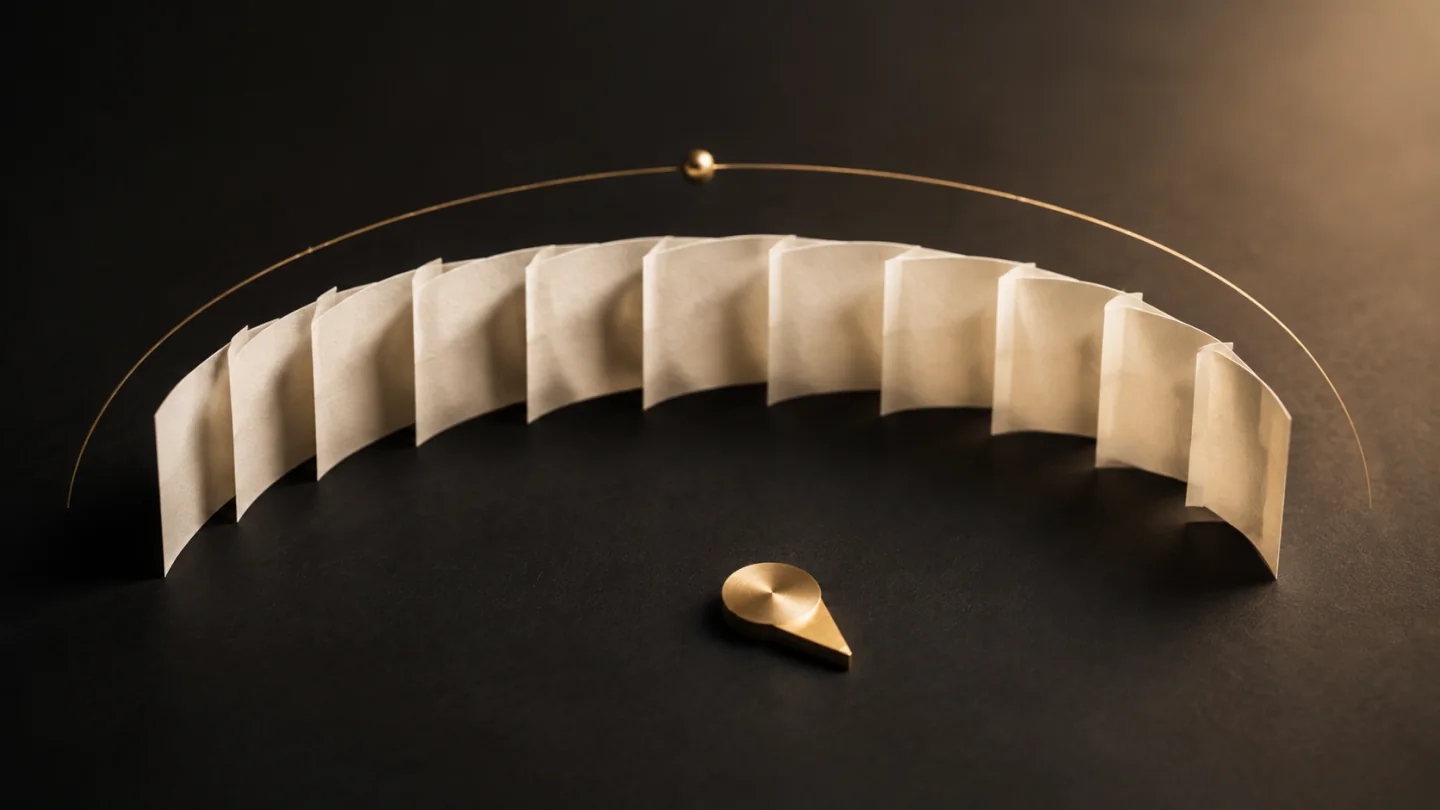 Ivory planning pages arranged beneath a golden arc, illustrating a year of business decisions