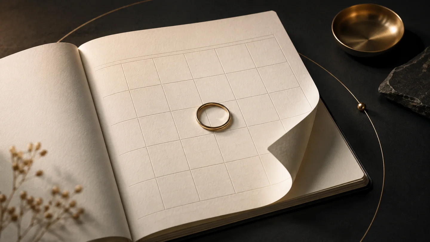 A gold ring on an unnumbered ivory planner, illustrating a considered monthly launch choice