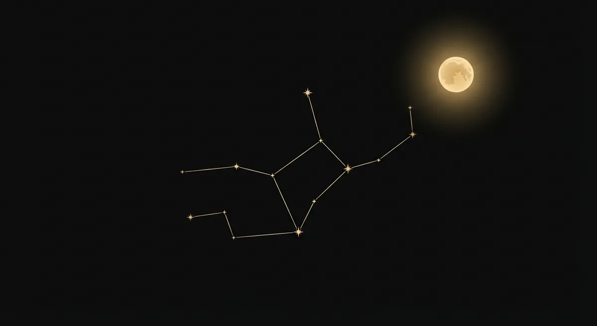 Full Worm Moon March 2026 in Leo - golden constellation on black background