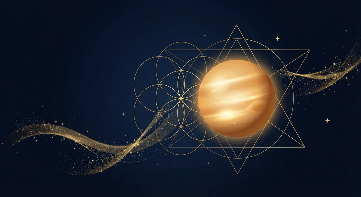 Jupiter planet with golden coins and abundance symbols representing wealth transit astrology
