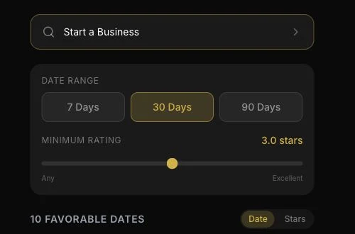 Start a business planner search showing a 30 day range and minimum rating filter for auspicious launch dates
