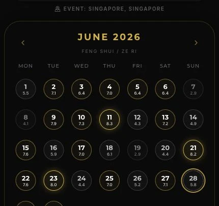 Sidera Lucky Day Planner Feng Shui Ze Ri monthly calendar grid with Singapore demo data