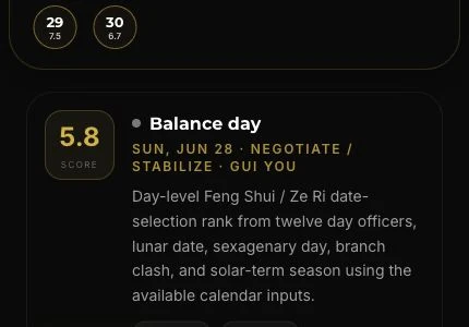 Feng Shui Ze Ri selected day score card for Chinese almanac good days Feng Shui Ze Ri selected day score card showing Balance day, Chinese almanac score, and date selection explanation