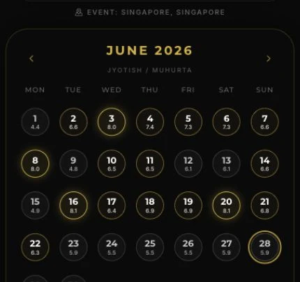 Sidera Lucky Day Planner Jyotish Muhurta monthly calendar grid with Singapore demo data