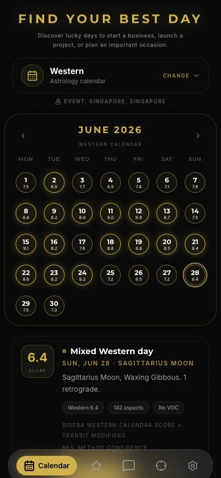 Sidera Lucky Day Planner overview showing timing systems, calendar scores, top days, and day log