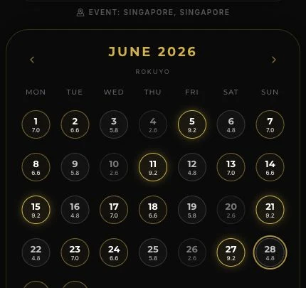 Sidera Lucky Day Planner Rokuyo monthly calendar grid with Singapore demo data