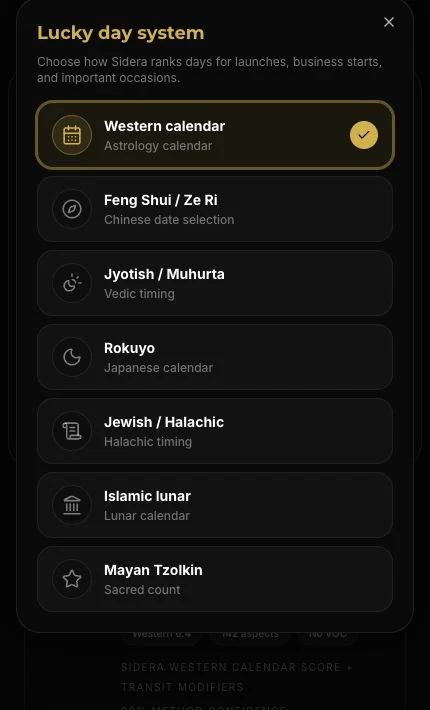 Sidera Lucky Day Planner timing system selector popup showing Western, Chinese, Jyotish, Rokuyo, Jewish, Islamic, and Mayan calendars