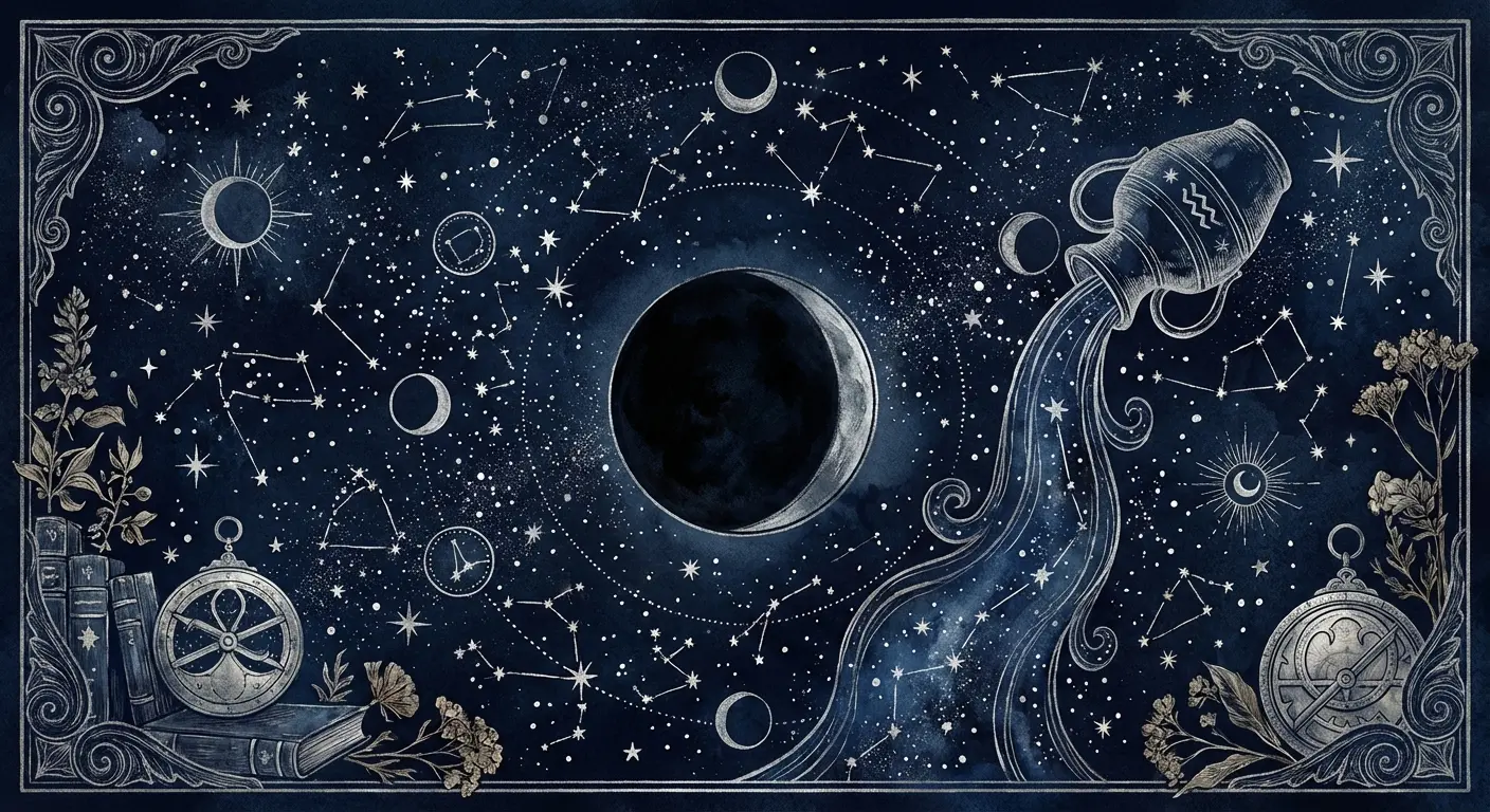 New Moon February 2026 with stars and manifestation symbols