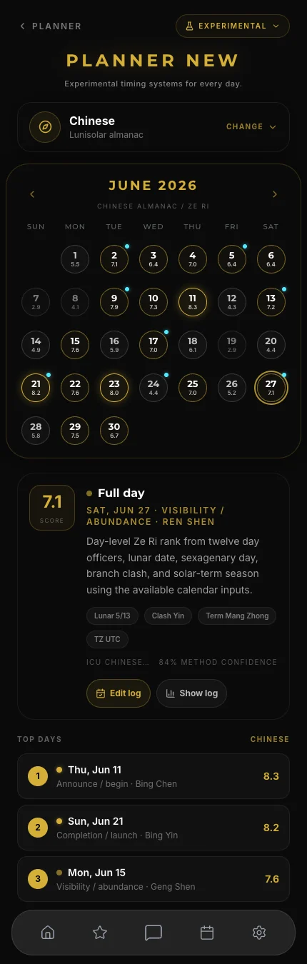 Sidera Chinese Ze Ri timing screen with calendar, selected day details, and top days
