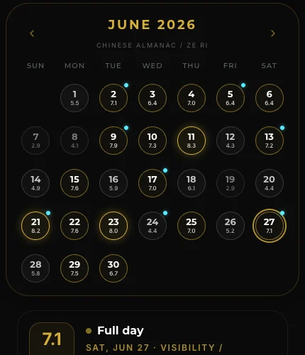 Chinese Ze Ri calendar crop showing day scores across June 2026