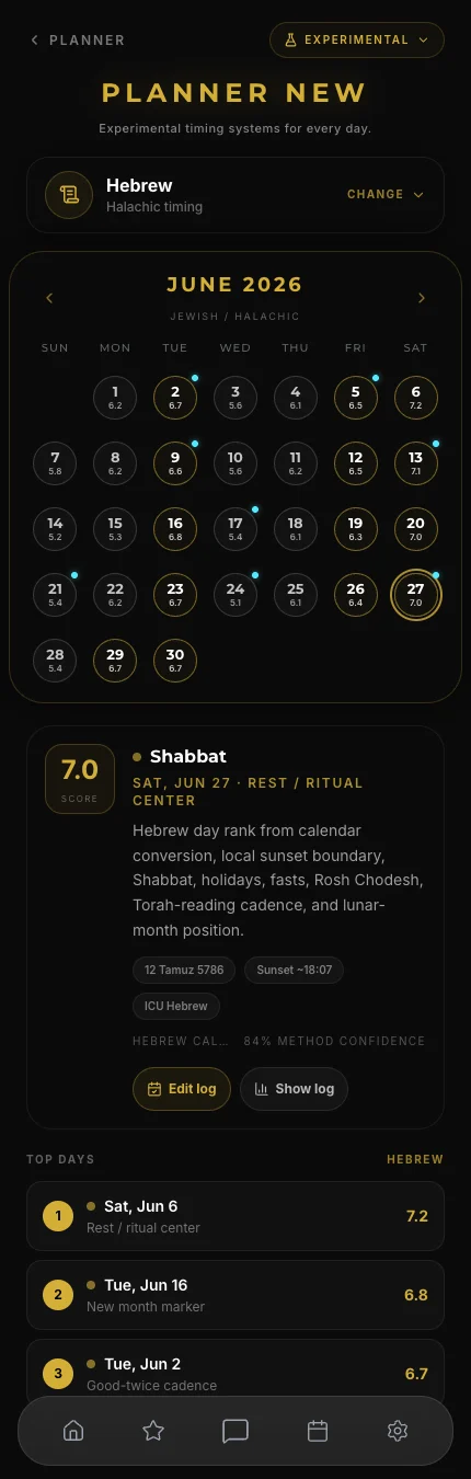 Sidera Jewish Halachic timing screen with sunset-aware calendar markers and day details