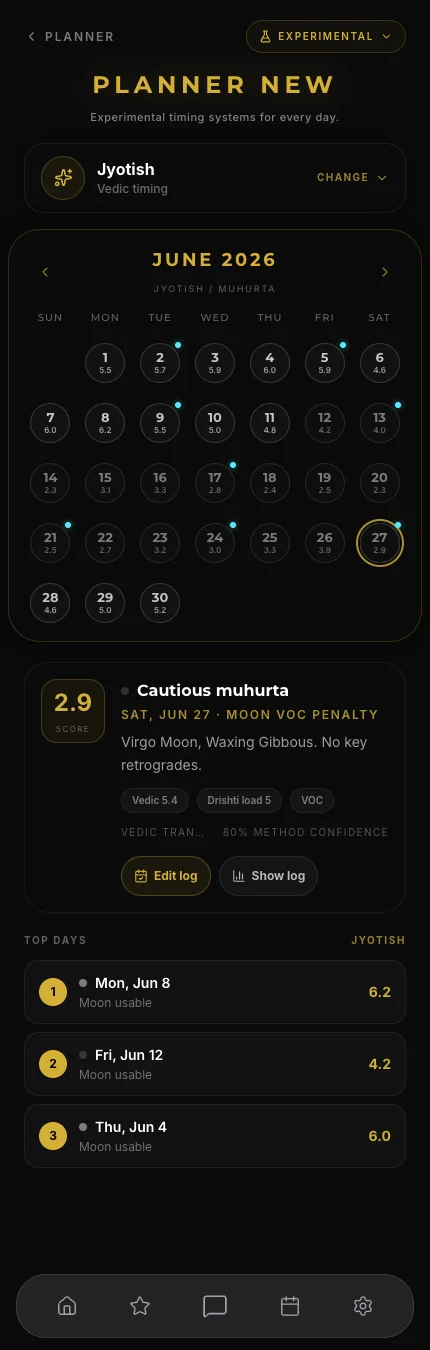 Sidera Jyotish Muhurta screen with calendar, selected day panel, top days, and day log