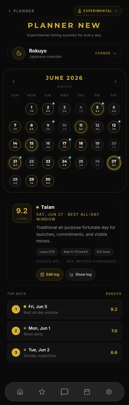 Sidera Rokuyo calendar screen showing six-day Japanese timing labels and top days