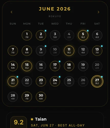 Rokuyo calendar crop showing six-day labels across the month