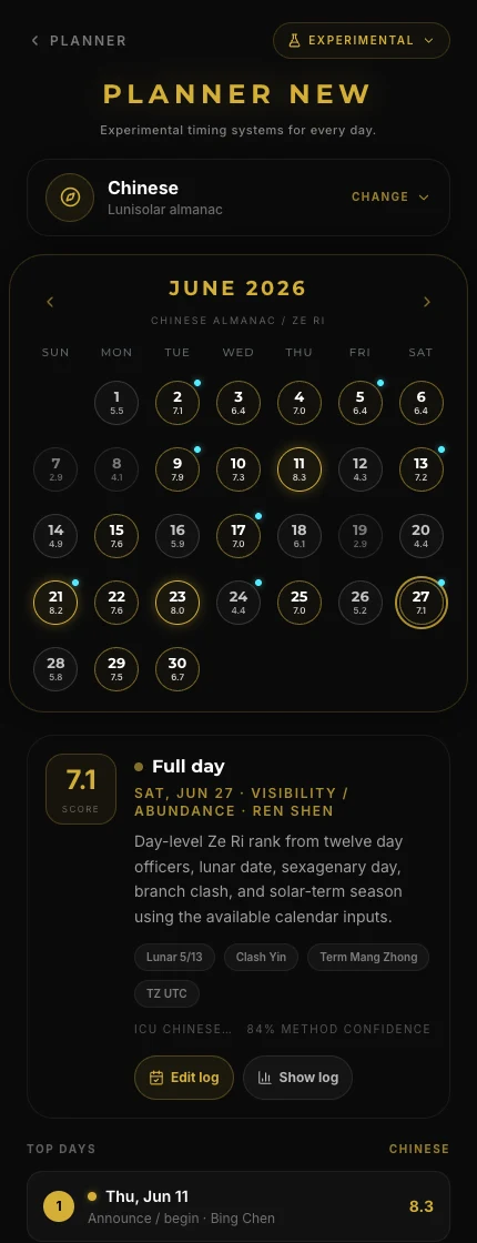 Sidera Chinese Ze Ri timing mobile overview with calendar, selected day details, and top days
