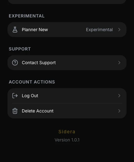 Settings screen showing Planner New inside Sidera&rsquo;s Experimental section