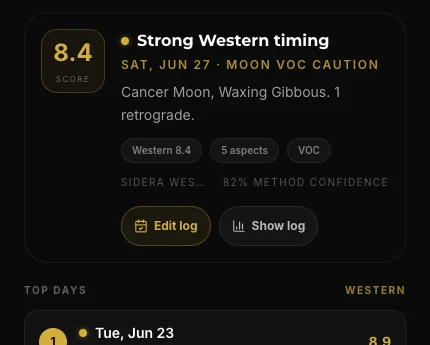 Western timing selected day panel showing supportive timing, Moon VOC caution, score, and method confidence