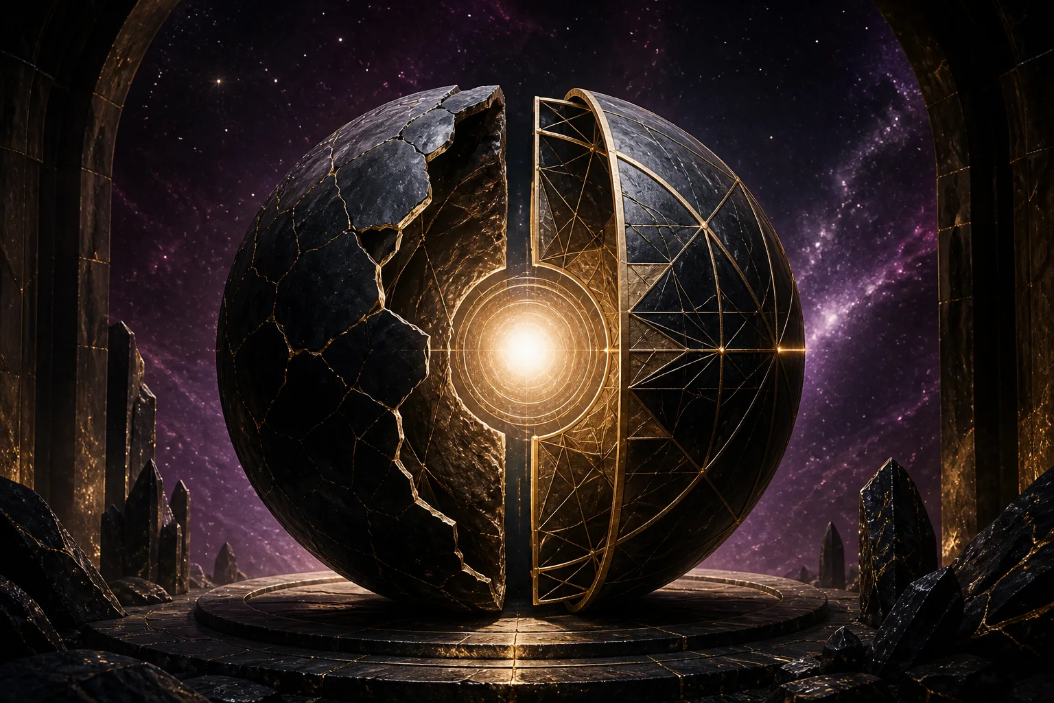 A dark planetary sphere revealing layered rings of pressure, power, and renewal