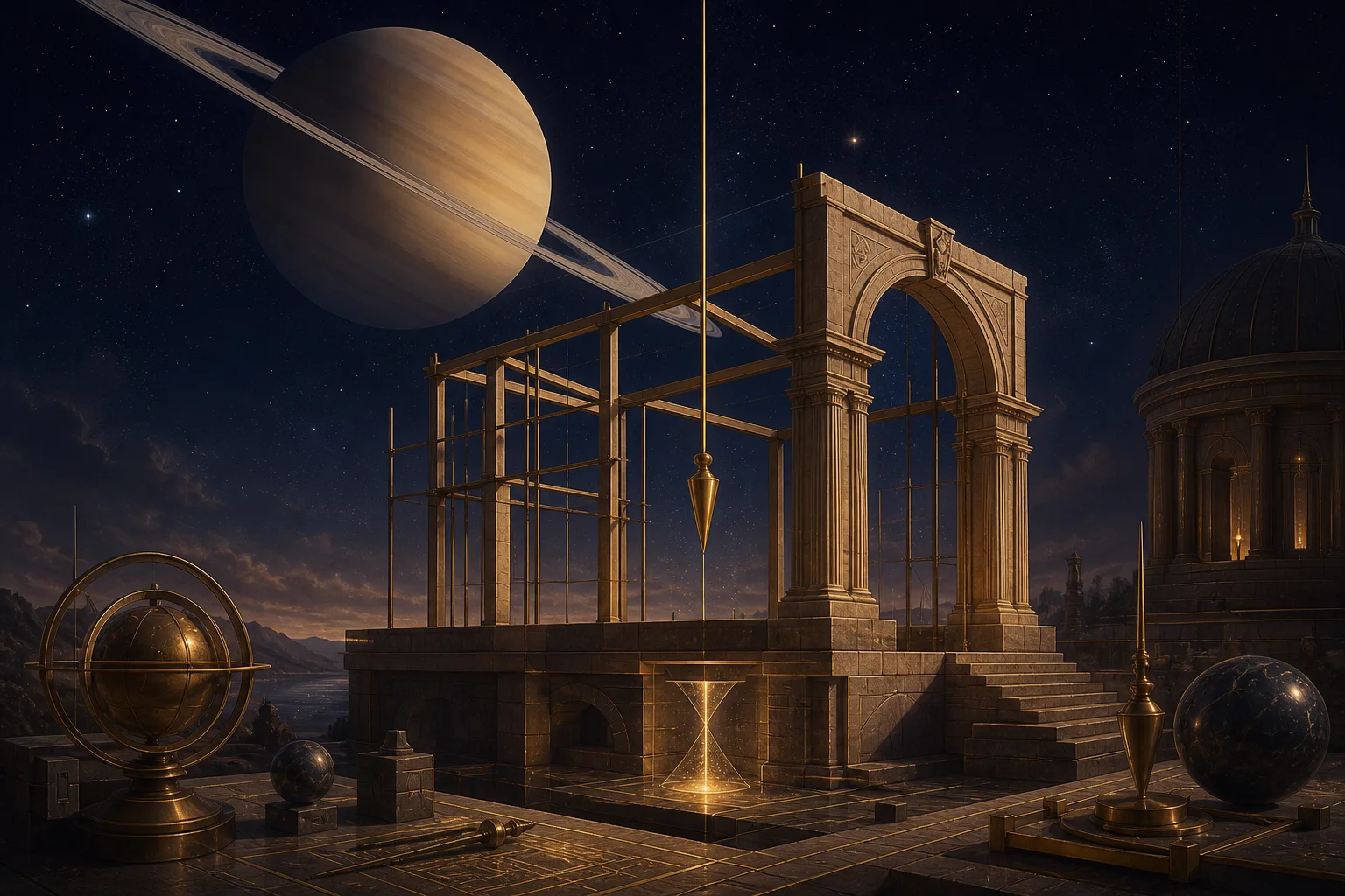 Saturn above a measured architectural framework representing time and durable structure