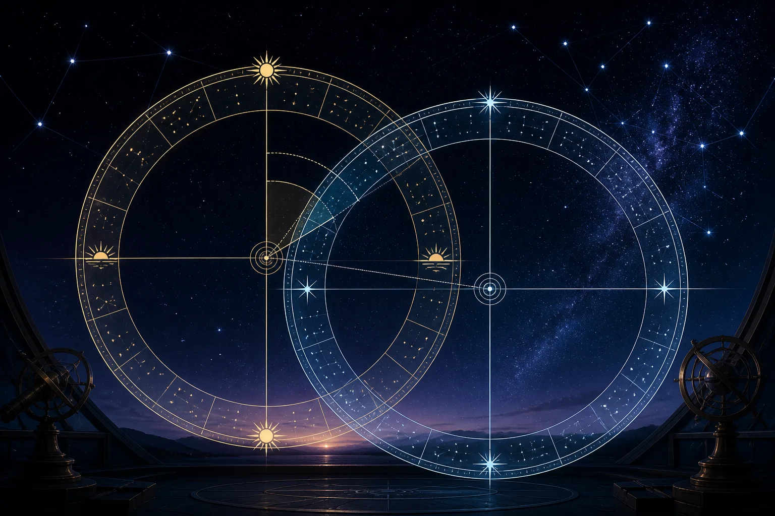 Two transparent zodiac wheels aligned to seasonal and stellar reference points
