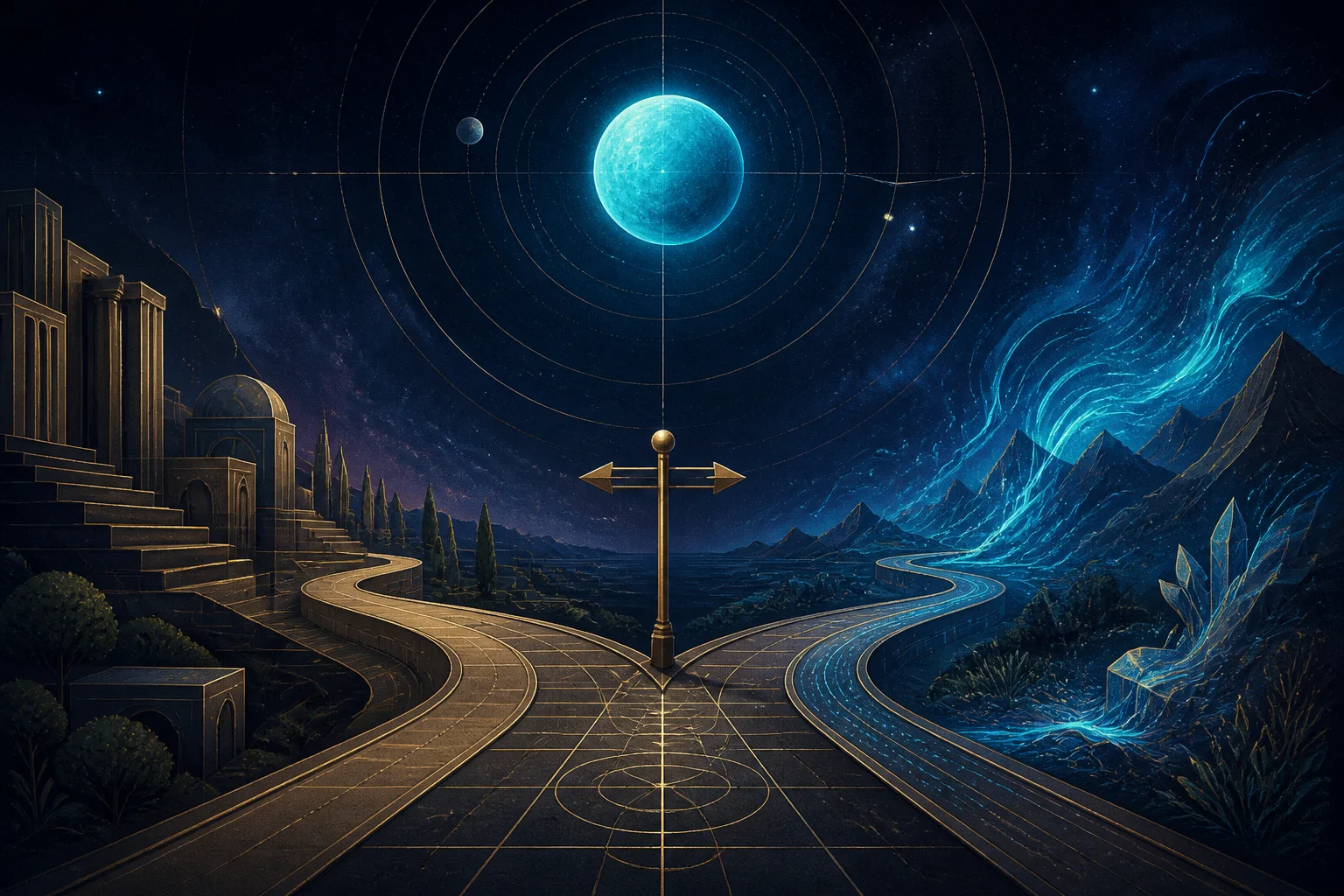 A professional choosing between a familiar career path and a new direction beneath Uranus