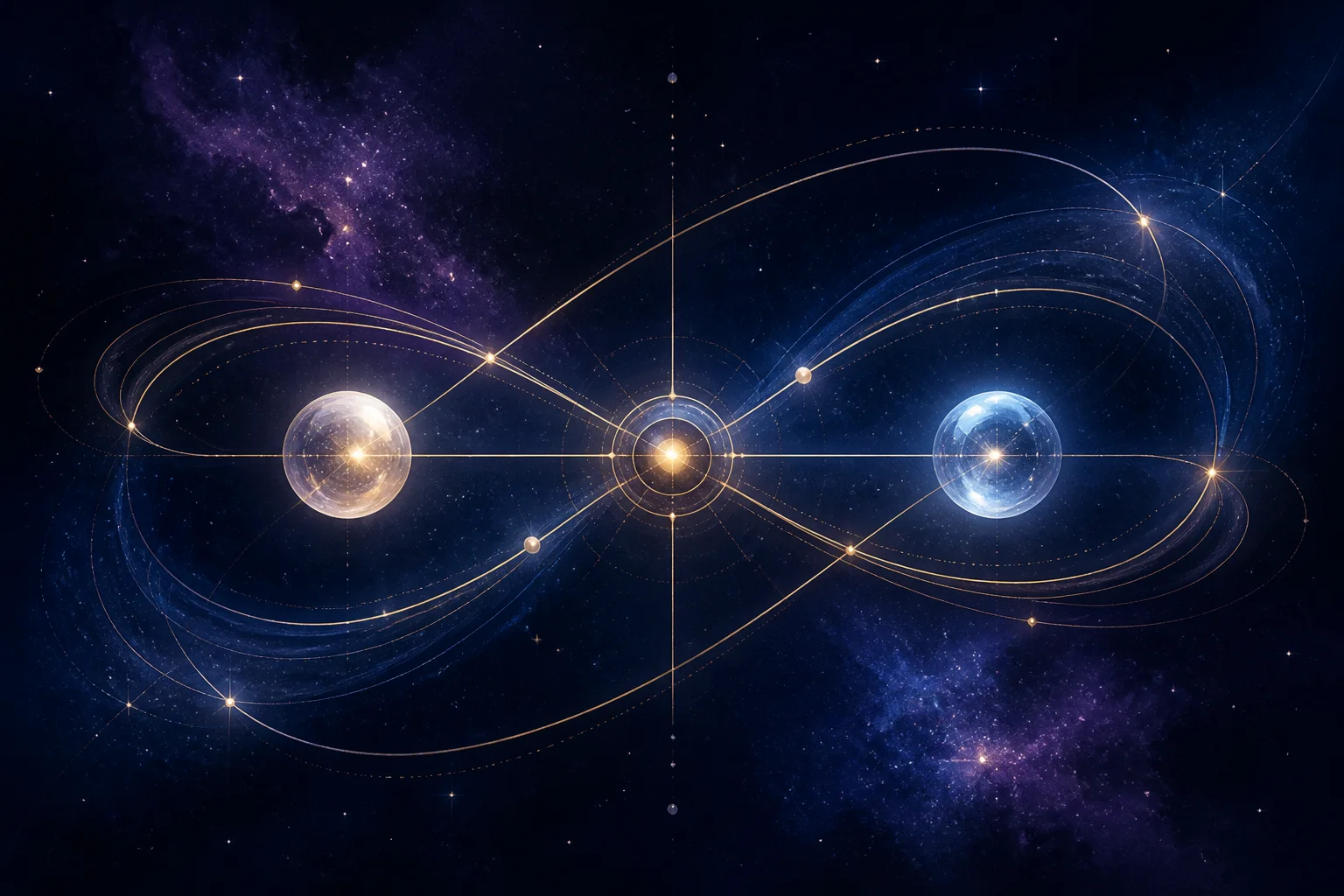 Two distinct orbital paths reconnecting around a luminous Venus symbol