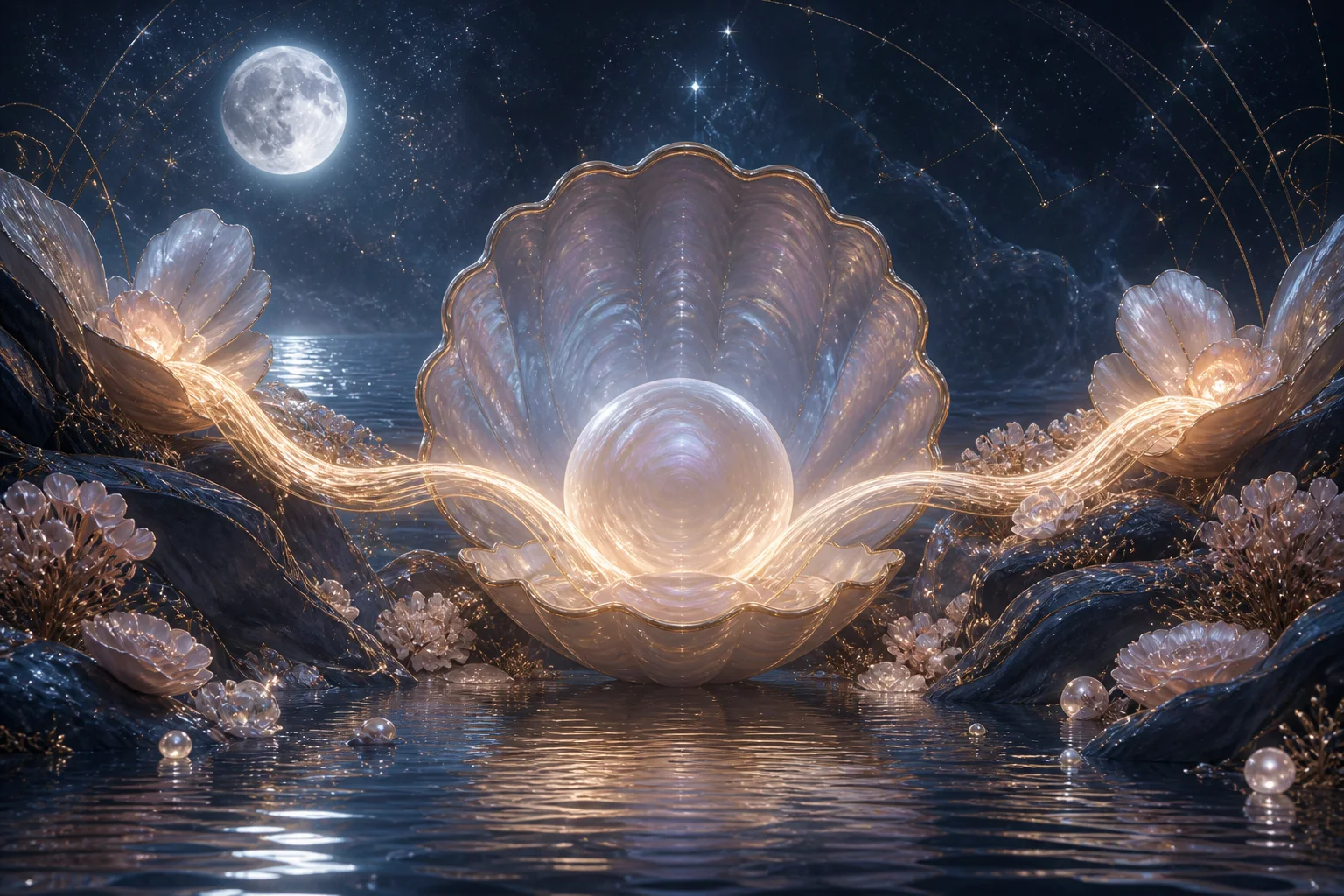A protective shell opening around a warm Venus symbol in moonlit water