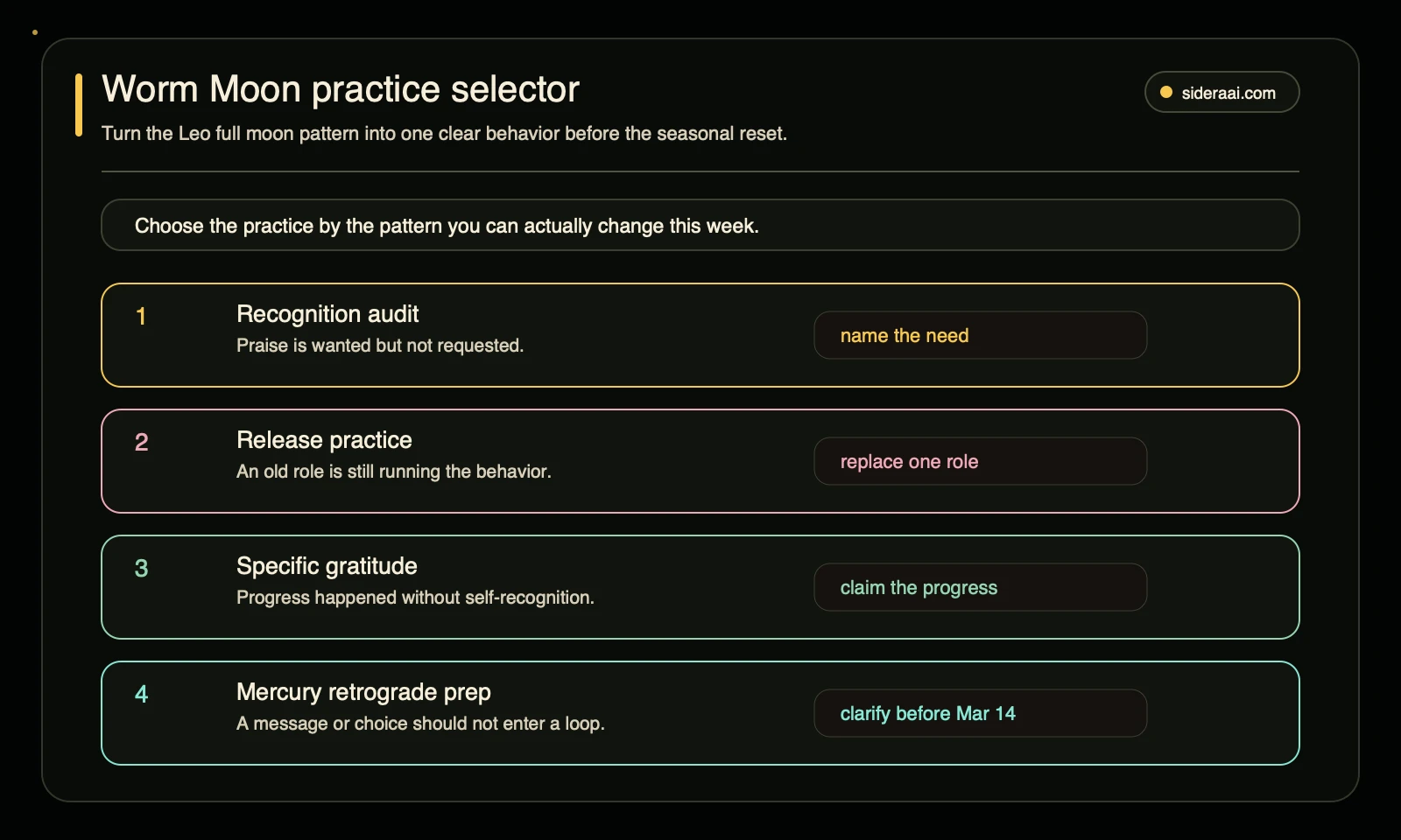 Worm Moon practice selector matching recognition audit release practice specific gratitude and Mercury retrograde preparation to emotional patterns