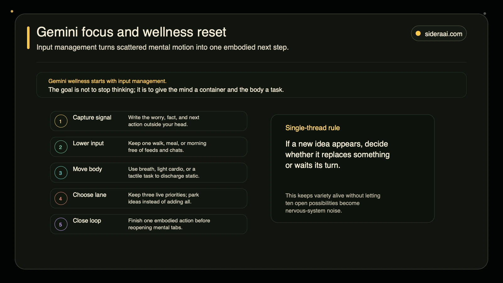 Gemini focus and wellness reset showing five input-management steps and a single-thread rule