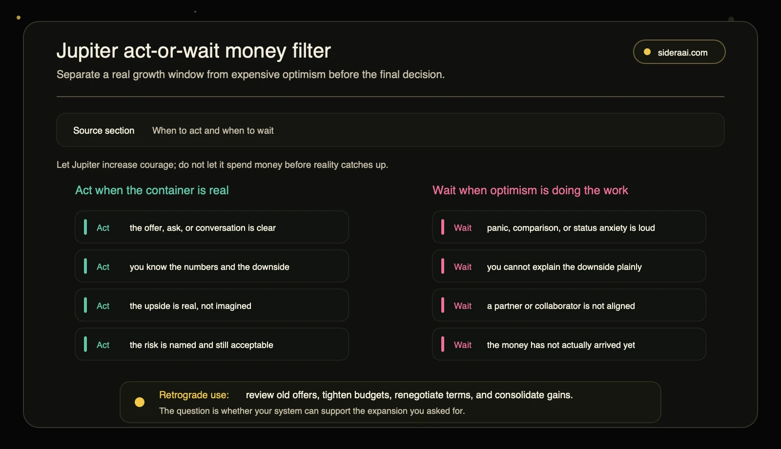 Jupiter act-or-wait money filter comparing prepared action signals against optimism risk signals and retrograde review uses