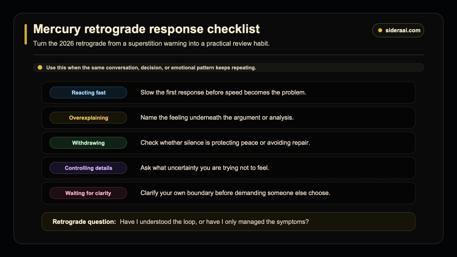 Mercury retrograde response pattern checklist Mercury retrograde response checklist mapping repeating patterns to better review actions
