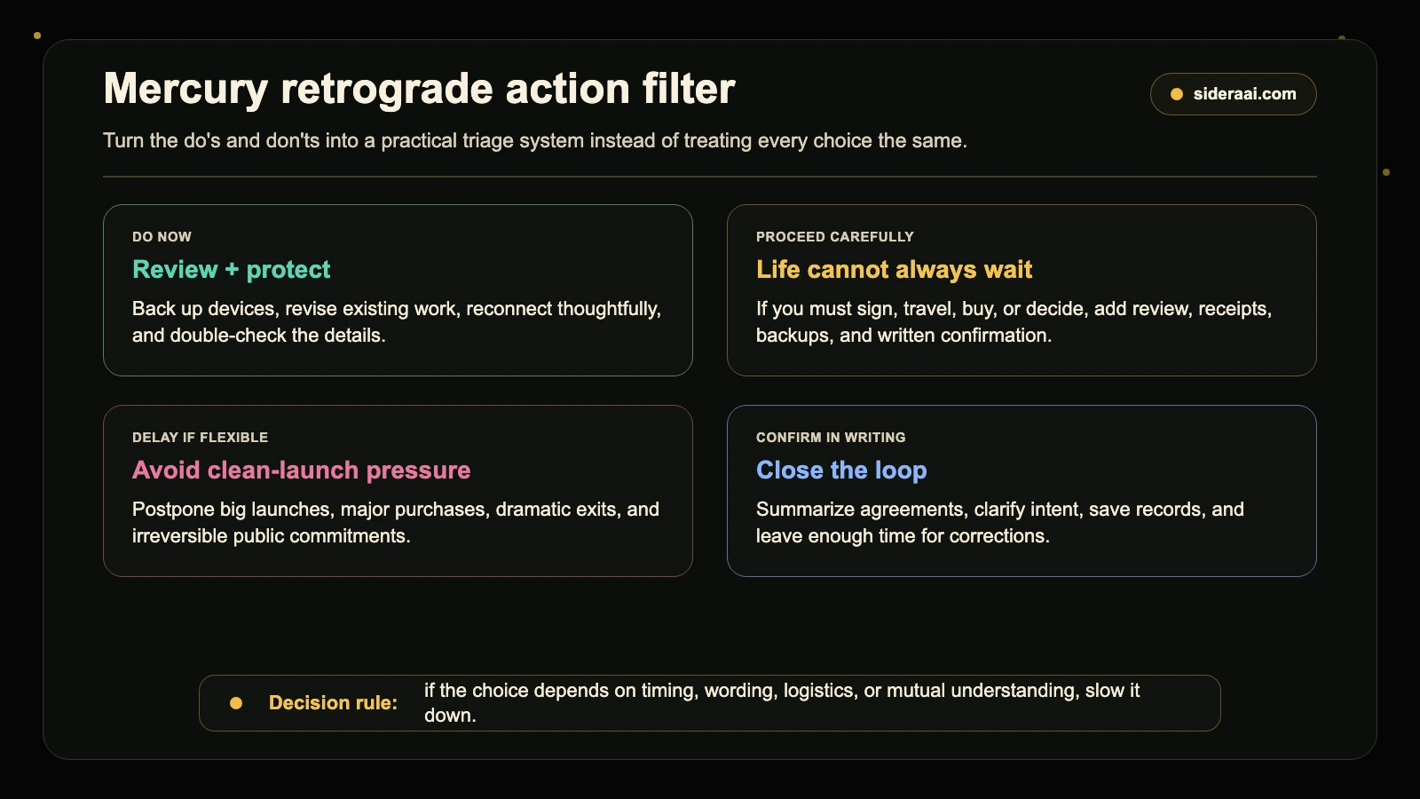 Mercury retrograde action filter sorting do now, proceed carefully, delay if flexible, and confirm in writing choices