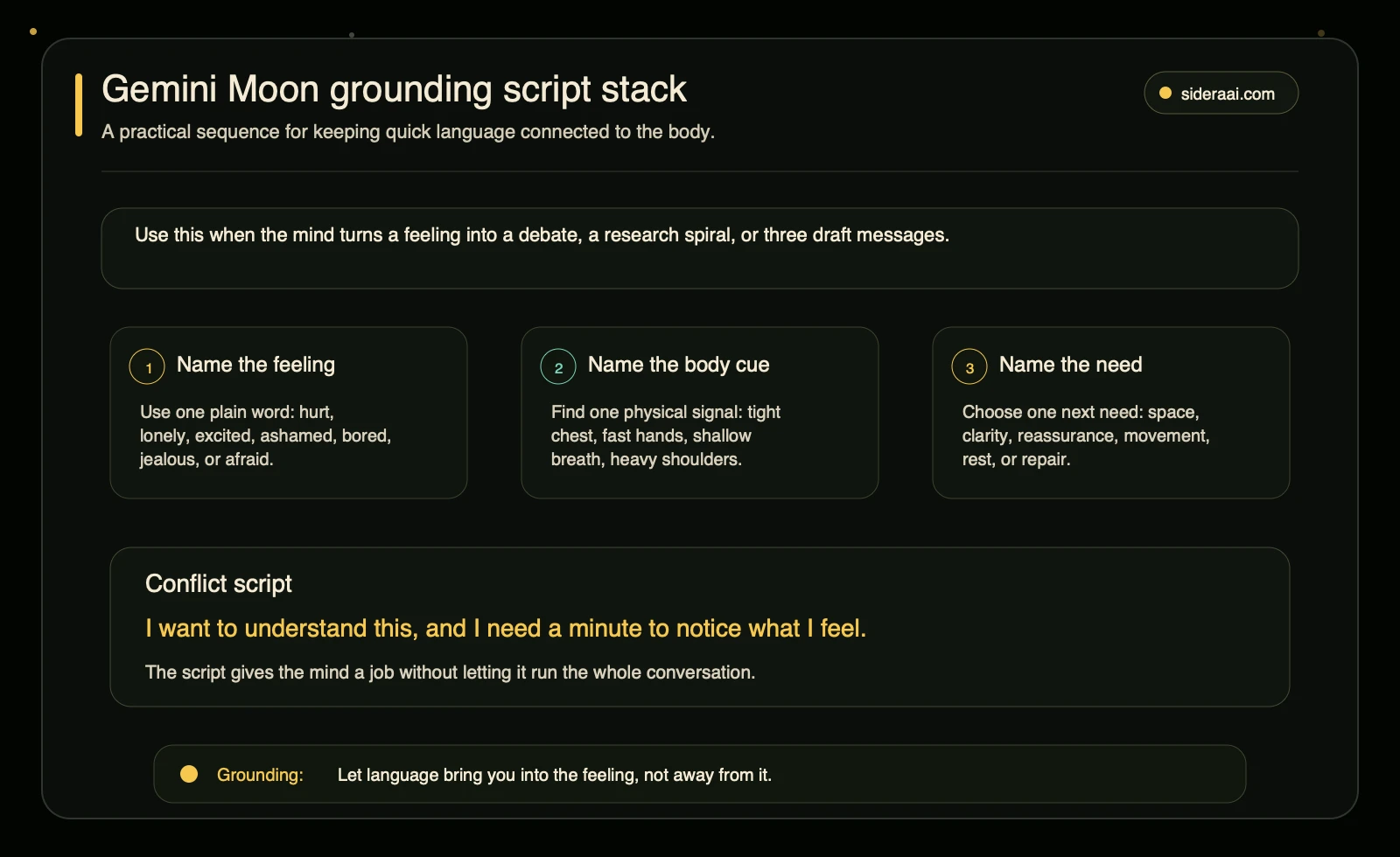 Gemini Moon grounding script stack Gemini Moon grounding script stack with feeling, body cue, and need naming steps