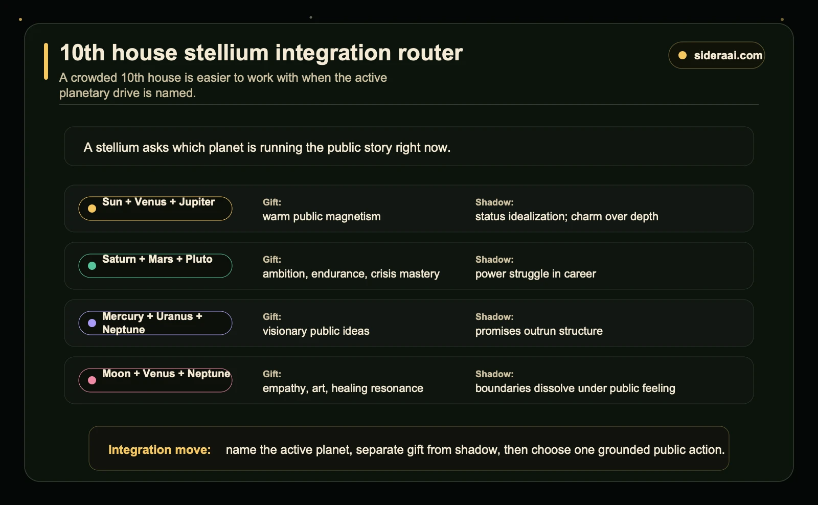 10th house stellium integration router comparing planetary clusters by gift, shadow, and grounded integration move