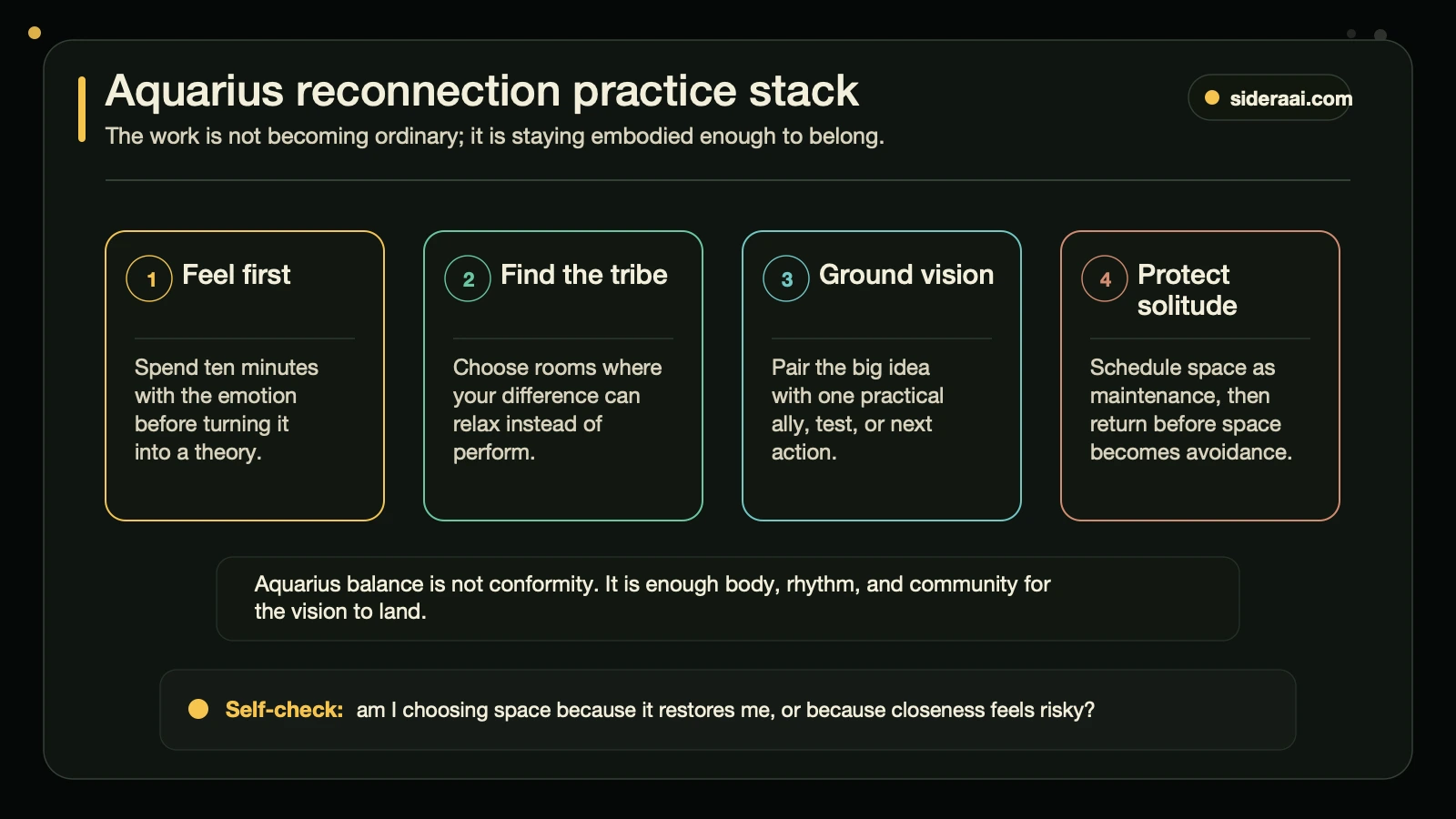 Aquarius reconnection practice stack Aquarius reconnection practice stack for feeling first, finding the tribe, grounding vision, and protecting solitude