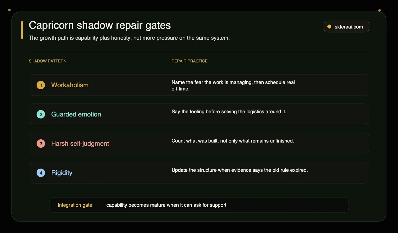 Sun in Capricorn shadow repair gates Capricorn shadow repair gates showing workaholism guardedness self judgment and rigidity with repair practices