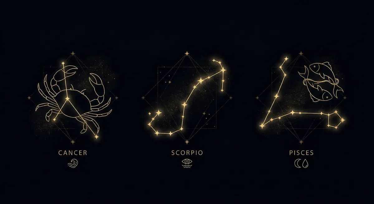 Water zodiac signs Cancer, Scorpio, and Pisces illustrated with ocean waves and celestial symbols